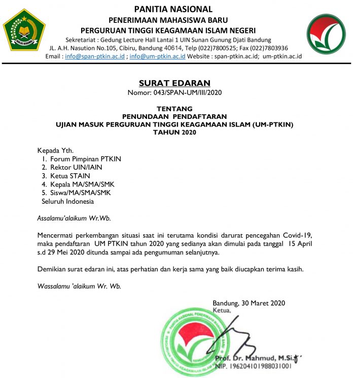 Surat Edaran Penundaan Pendaftaran Ujian Masuk Perguruan Tinggi